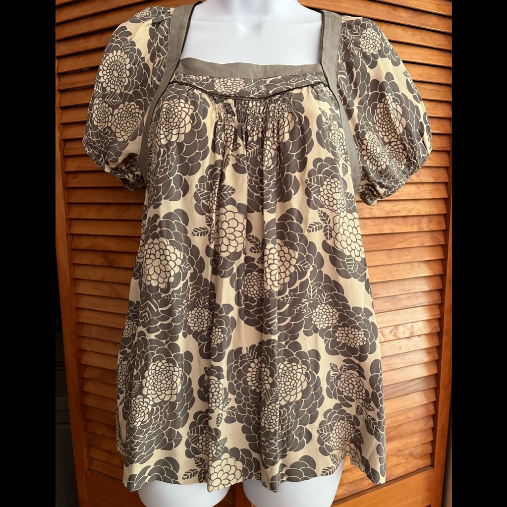 Sandro 100% Silk Smock Stitched Top Grey & Velvet Cream Inset Shoulder/ Sleeves